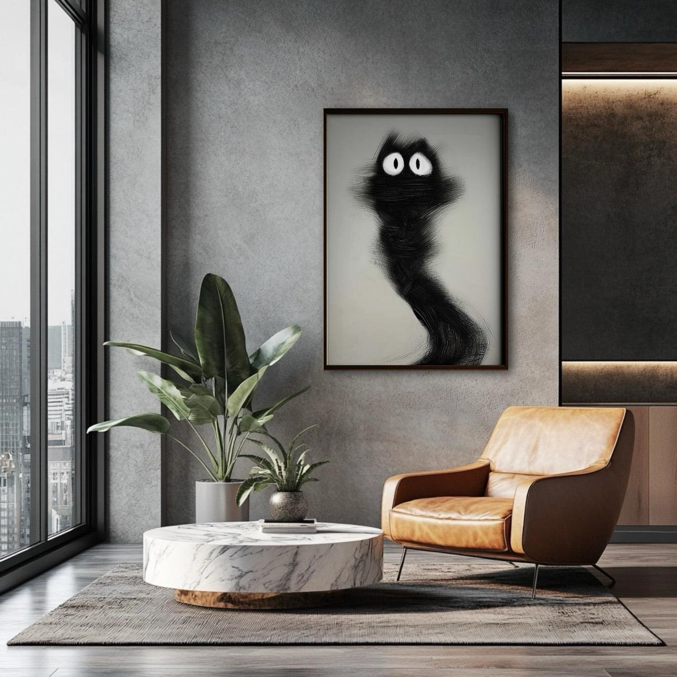 Dark feline art positioned over a brown leather chair and marble coffee table, enhancing the industrial-chic atmosphere of the lounge.