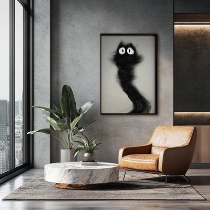 Dark feline art positioned over a brown leather chair and marble coffee table, enhancing the industrial-chic atmosphere of the lounge.
