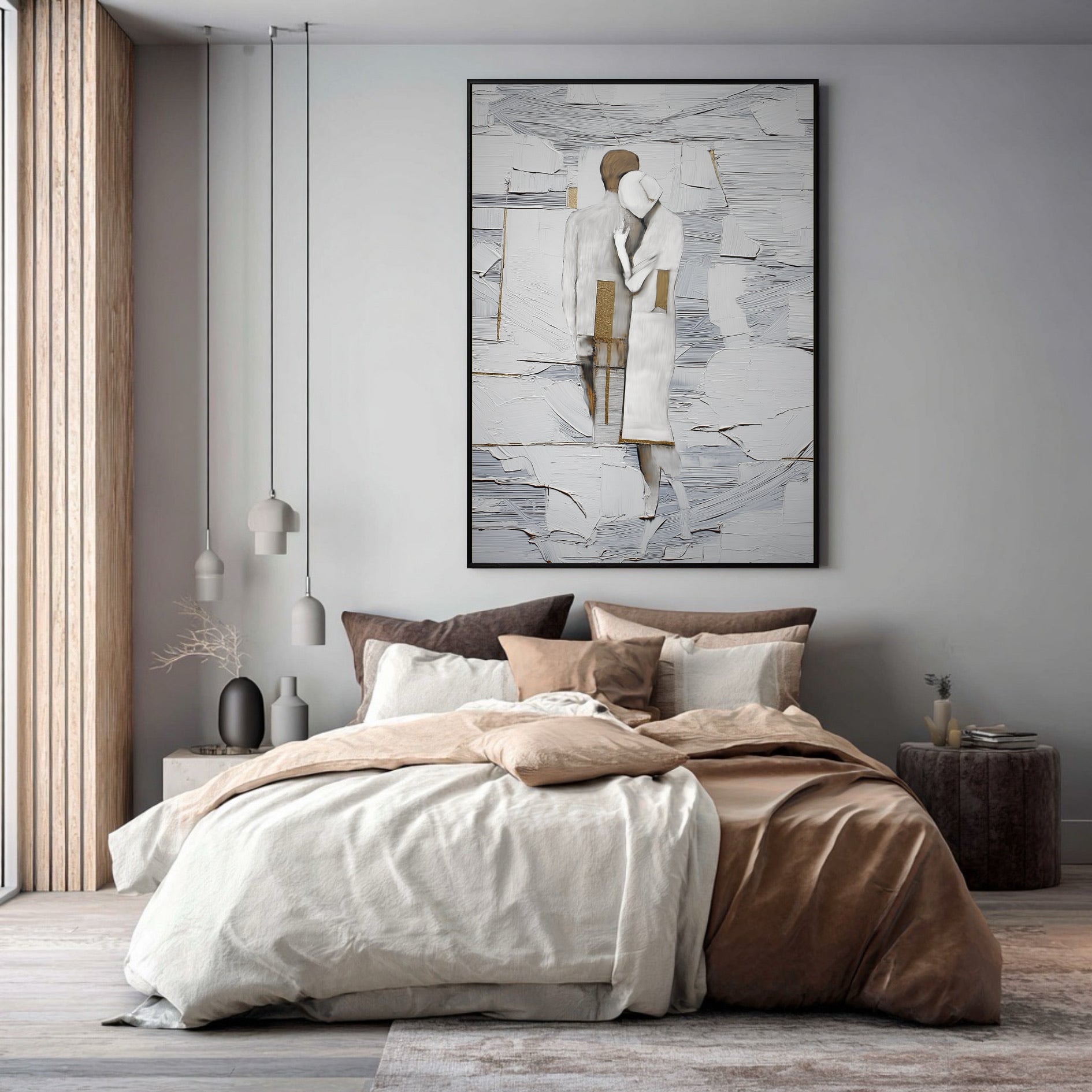 Textured abstract painting of a couple in a cozy, minimalist bedroom. Ideal for modern spaces and creating a serene, intimate ambiance.