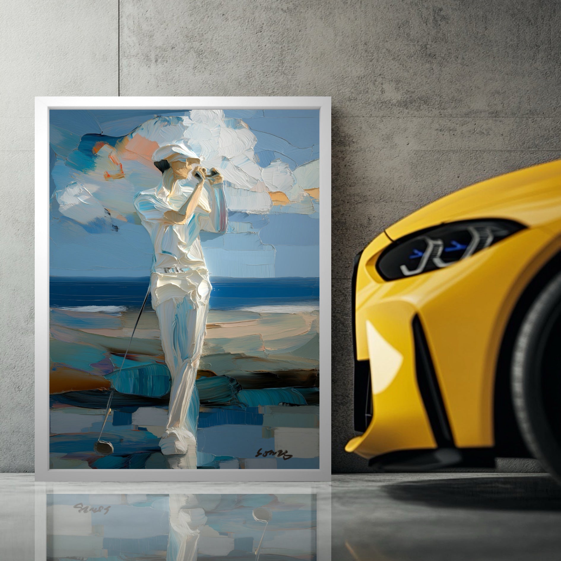 Original golf art in luxury garage. Cool blue painting complements yellow sports car and concrete wall for a high-end look.