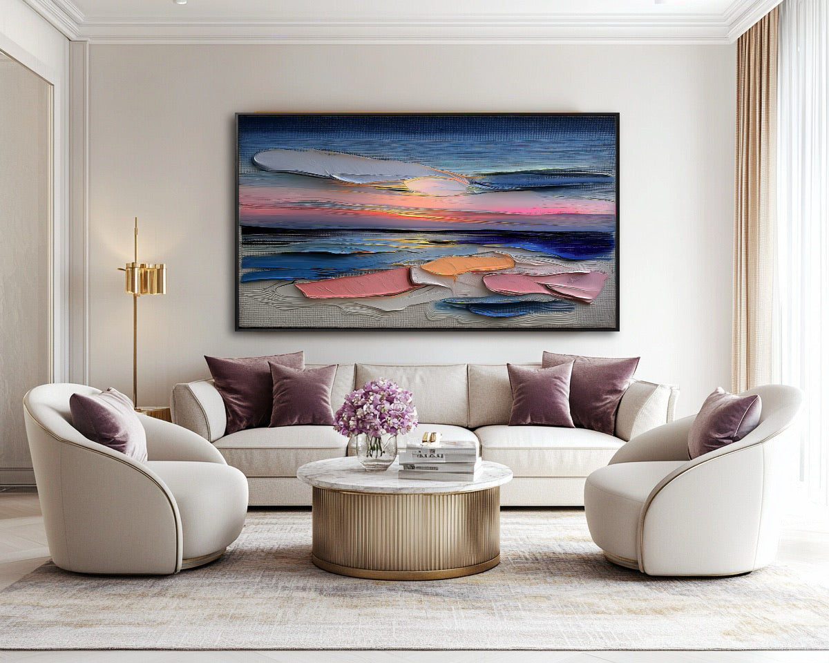 Abstract impasto painting in a luxurious, elegant living room with cream swivel chairs, velvet pillows, and a gold marble coffee table.