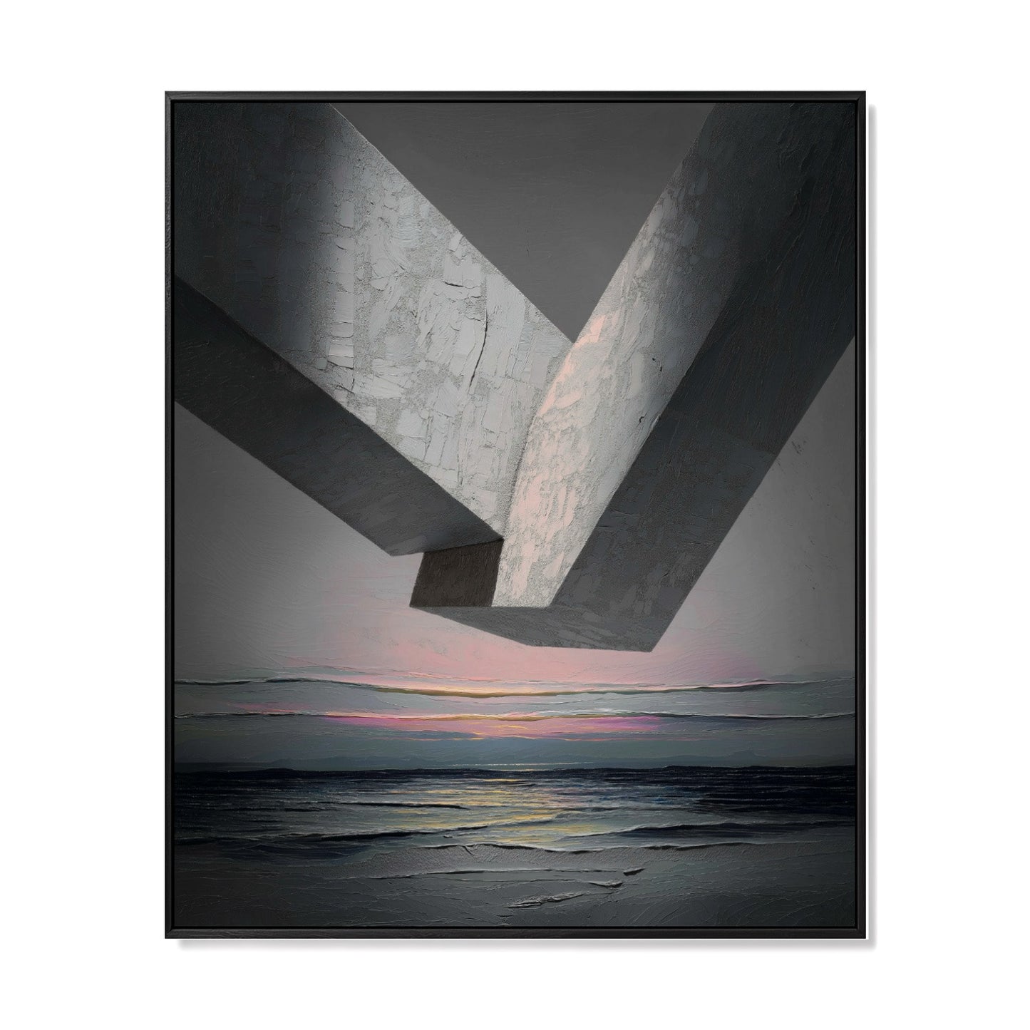 Original hand-painted abstract architecture art. Neutral-toned brutalist geometry, cold sea texture, dramatic contrast, contemplative vibe.