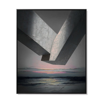 Original hand-painted abstract architecture art. Neutral-toned brutalist geometry, cold sea texture, dramatic contrast, contemplative vibe.