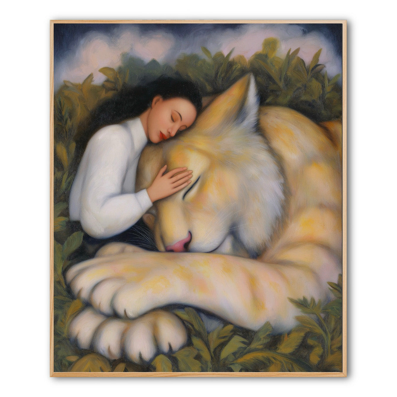 Original warm-toned painting: woman embraces sleeping golden big cat in jungle. Fantasy animal art, serene and intimate vibe.
