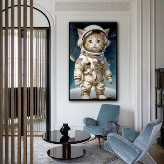 A large astronaut cat painting is the focal point in an elegant sitting room with modern blue velvet chairs and decorative molding.