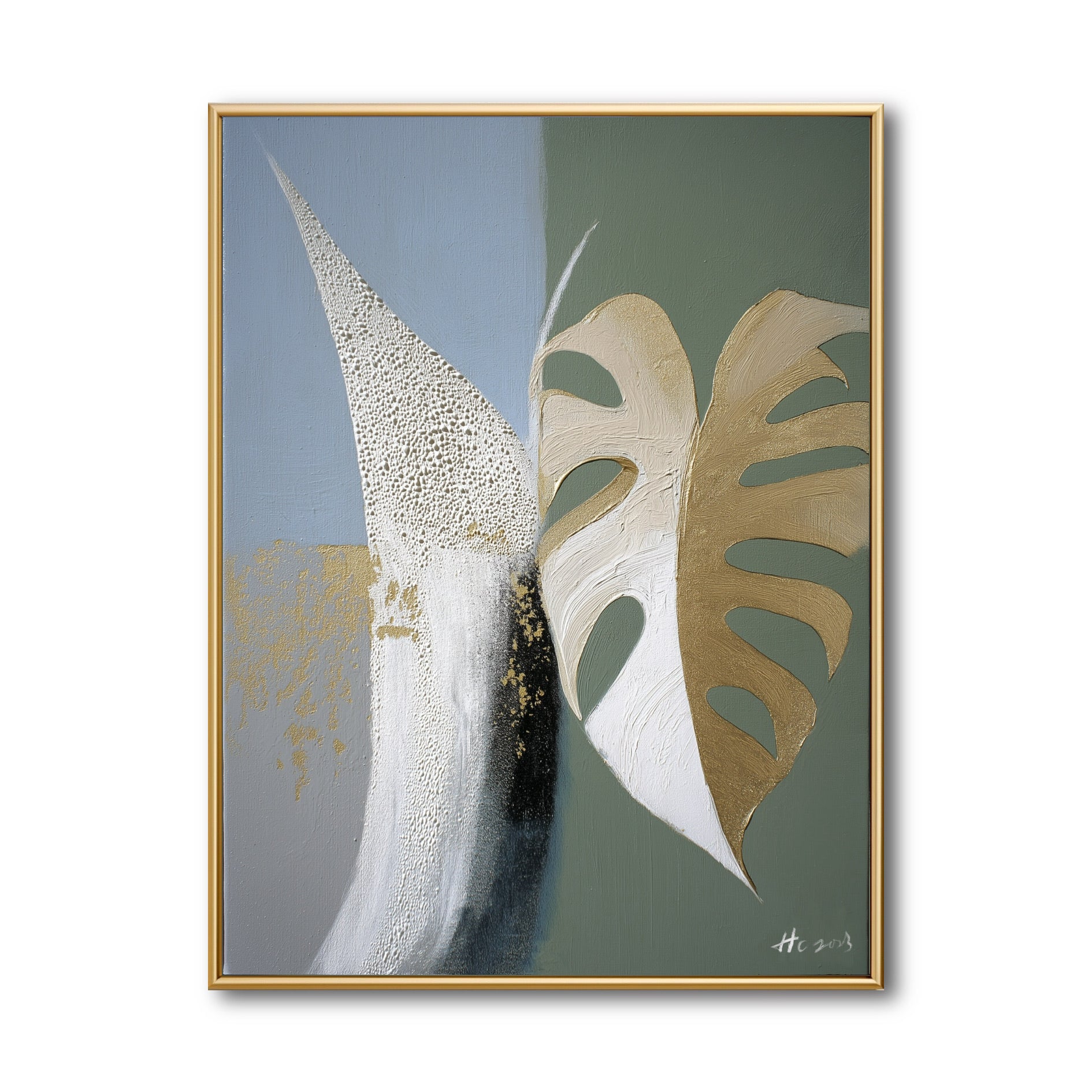 Original abstract botanical painting, gold monstera leaf on cool blue & sage green split canvas. Modern textured wall art.