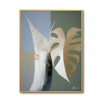 Original abstract botanical painting, gold monstera leaf on cool blue & sage green split canvas. Modern textured wall art.
