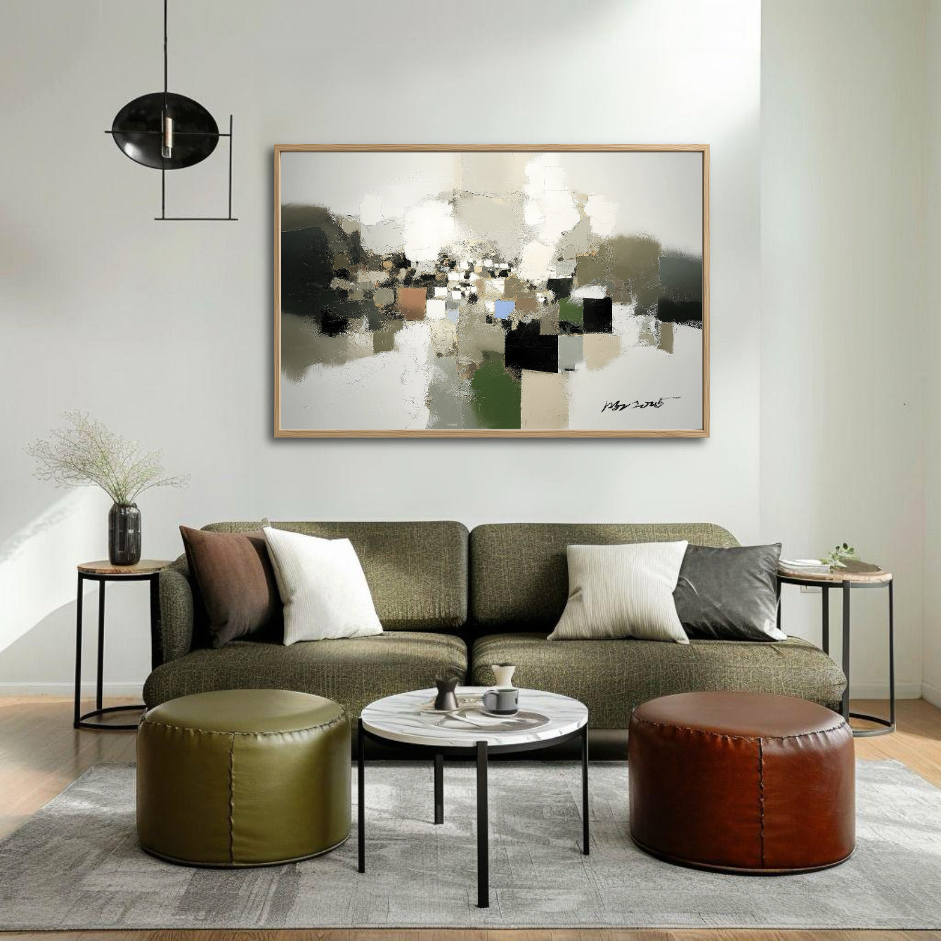 A room pic shows an expressionist vintage deco painting, creating elegant, cozy, and sophisticated vibes.