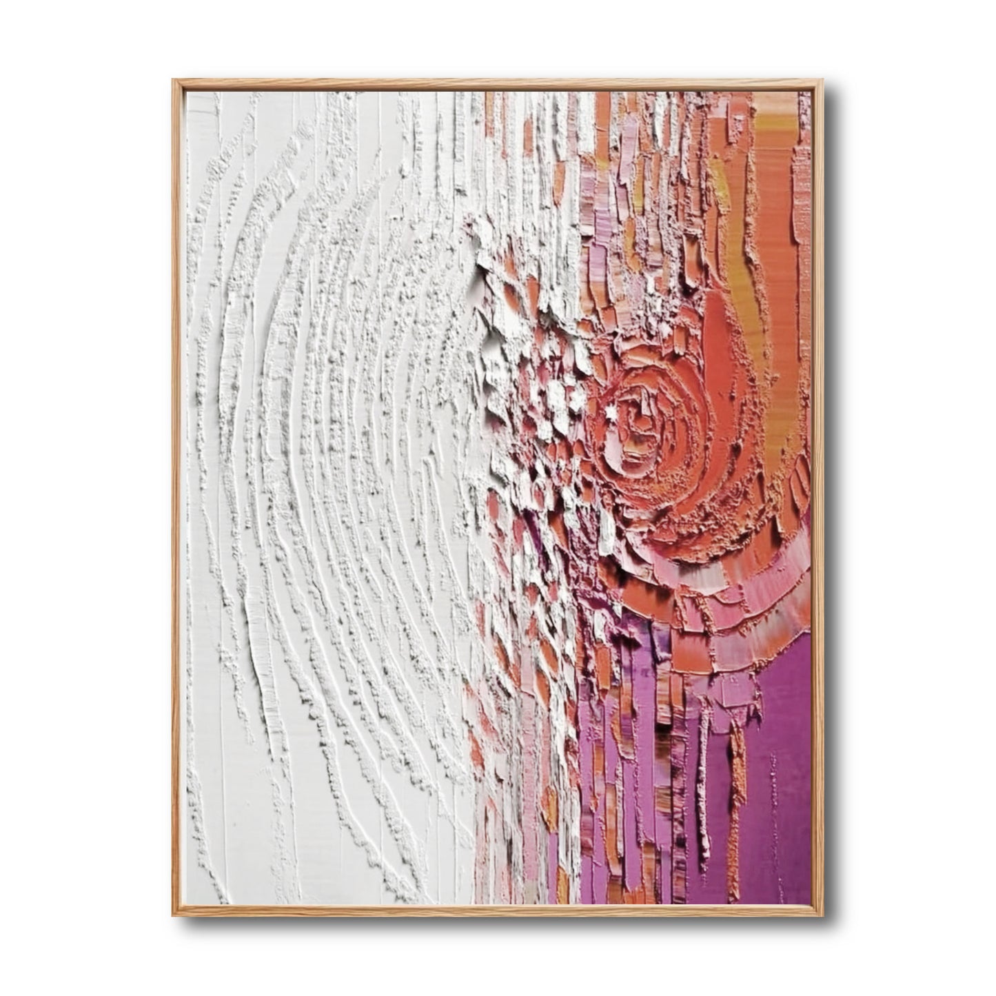 Original abstract textural painting. Heavy white impasto contrasts with warm rose, orange, and purple hues in a bold design.