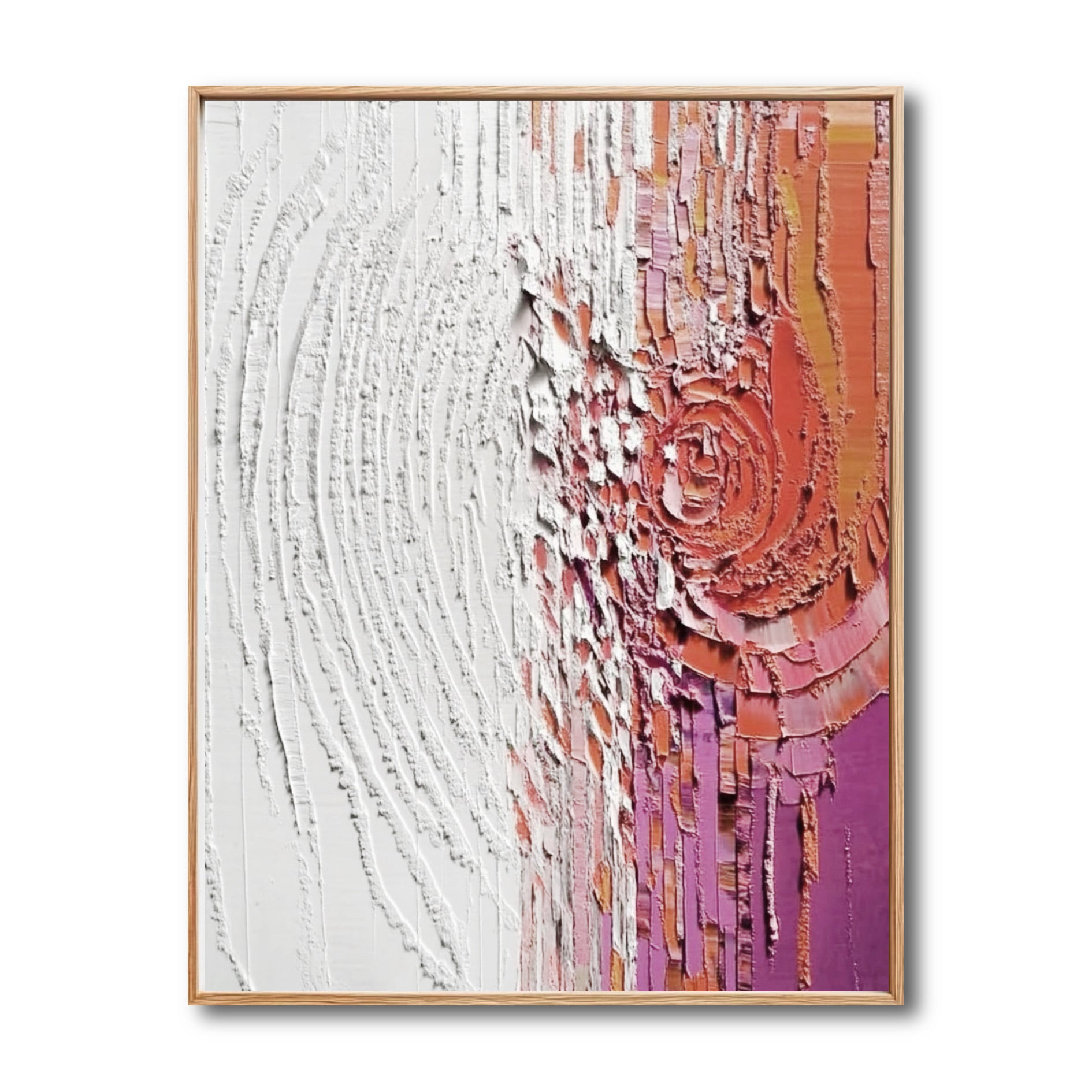 Original abstract textural painting. Heavy white impasto contrasts with warm rose, orange, and purple hues in a bold design.