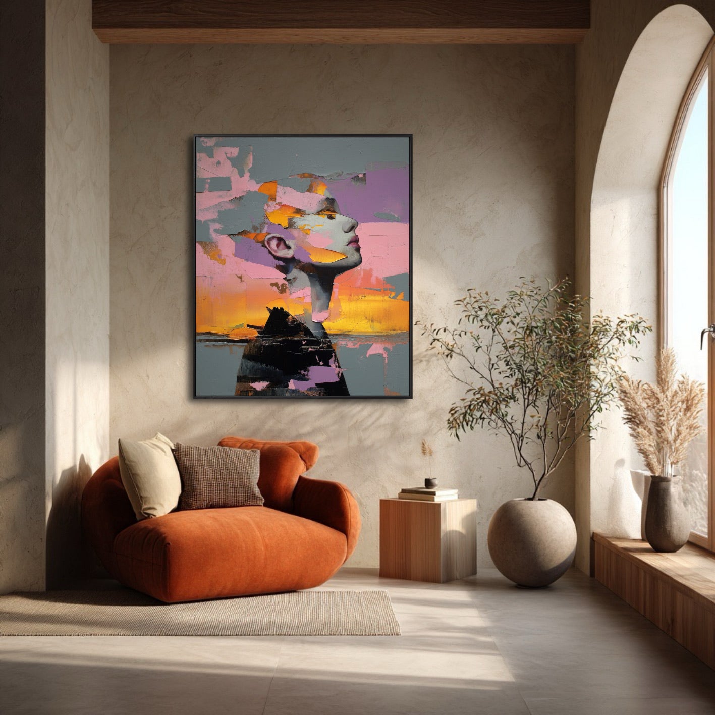 Vibrant modern art complements a naturally lit living area with an arched window, soft orange armchair, and a minimalist plant, blending art with architectural charm.