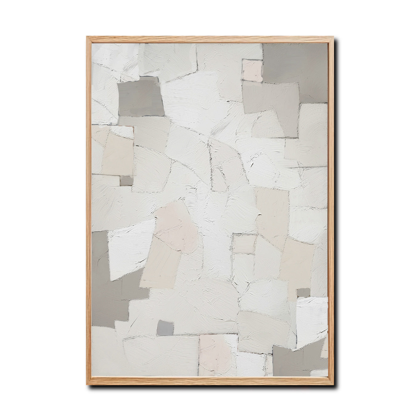 A cozy abstract hand-drawn oil painting: a vertical geometric abstract in rustic strokes, warm, and beige tones.
