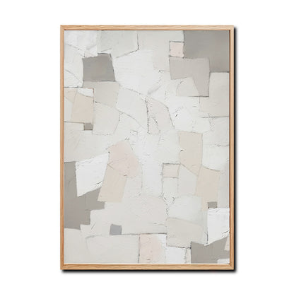 A cozy abstract hand-drawn oil painting: a vertical geometric abstract in rustic strokes, warm, and beige tones.