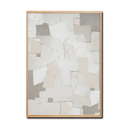 A cozy abstract hand-drawn oil painting: a vertical geometric abstract in rustic strokes, warm, and beige tones.
