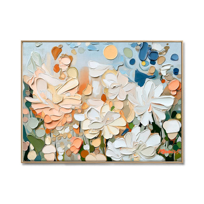 Original impasto floral painting. Textured white, peach, blue, and green abstract flowers. Modern palette knife art. Neutral/warm tones.