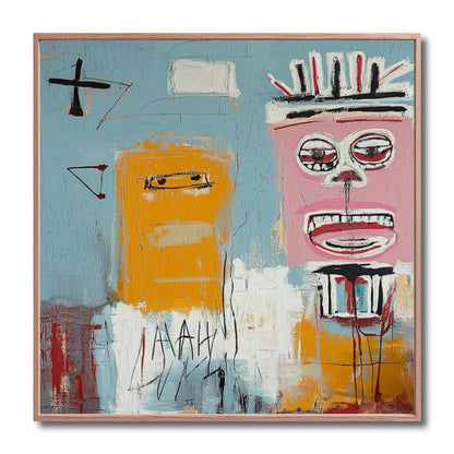 An original abstract expressionist painting featuring two stylized figures, one pink and one yellow, on a textured blue and white background.