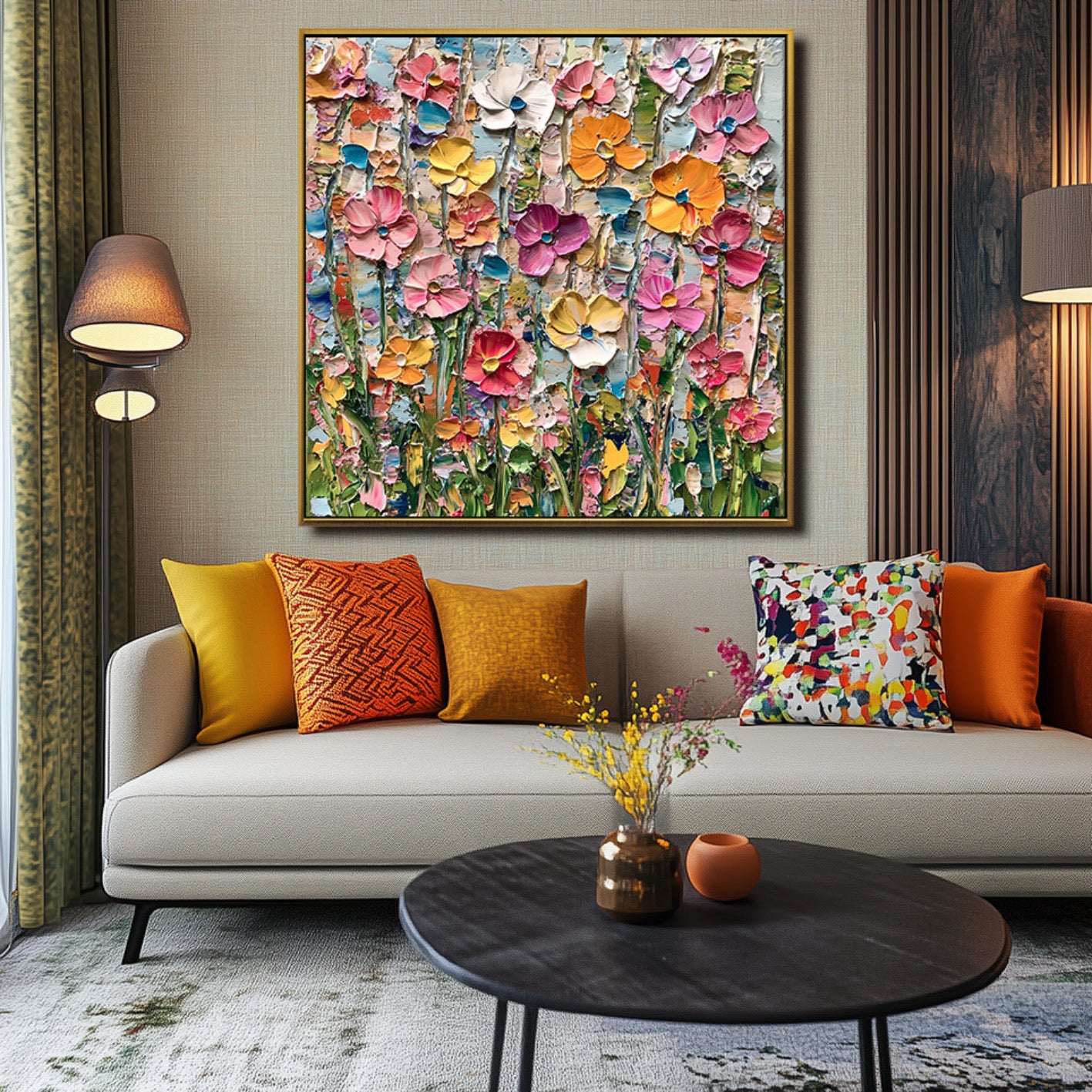 Living room with a colorful floral painting above a sofa with patterned cushions.