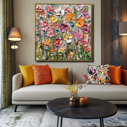 Living room with a colorful floral painting above a sofa with patterned cushions.