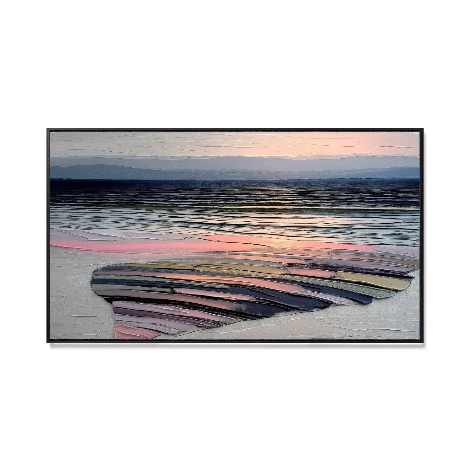 Original, unique textured impasto oil painting of a modern abstract beach at sunset with a striking cool and warm color contrast and a peaceful vibe.