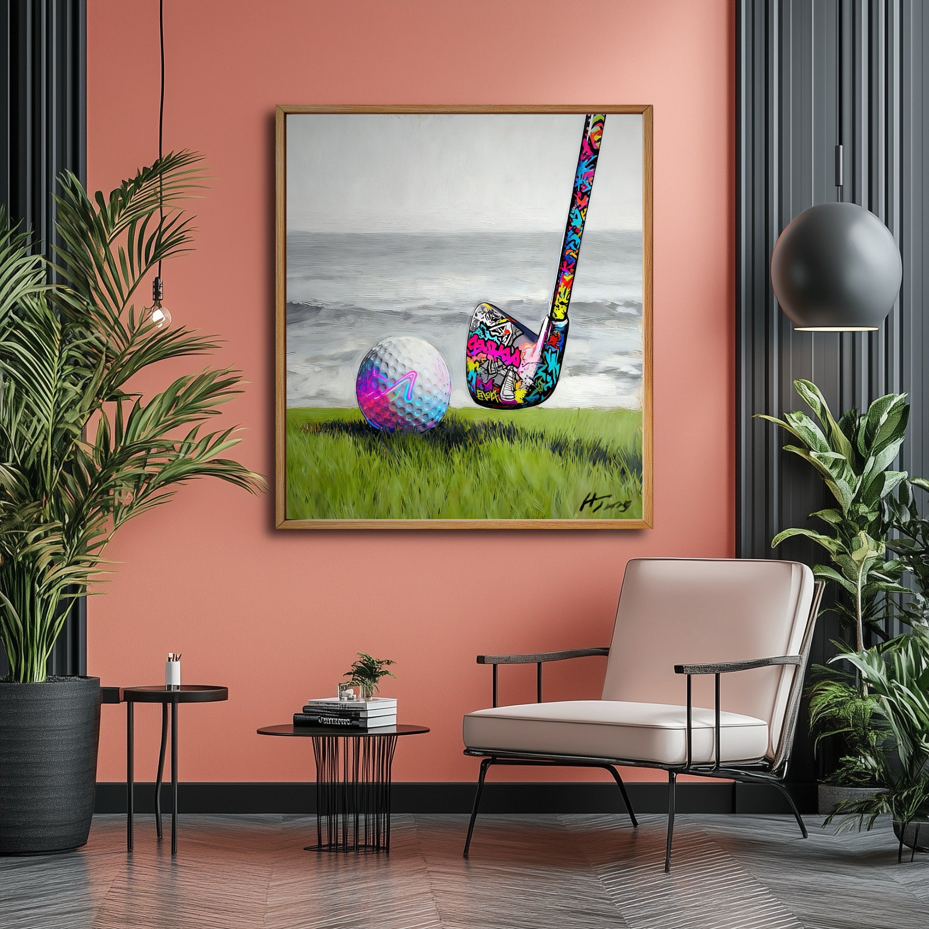 Pop art golf canvas on salmon feature wall. Vibrant graffiti patterns match pink tones and black accents for a bold design.