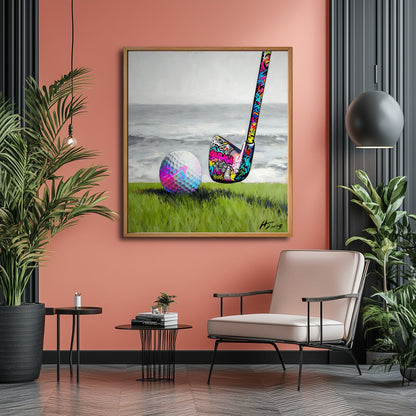 Pop art golf canvas on salmon feature wall. Vibrant graffiti patterns match pink tones and black accents for a bold design.