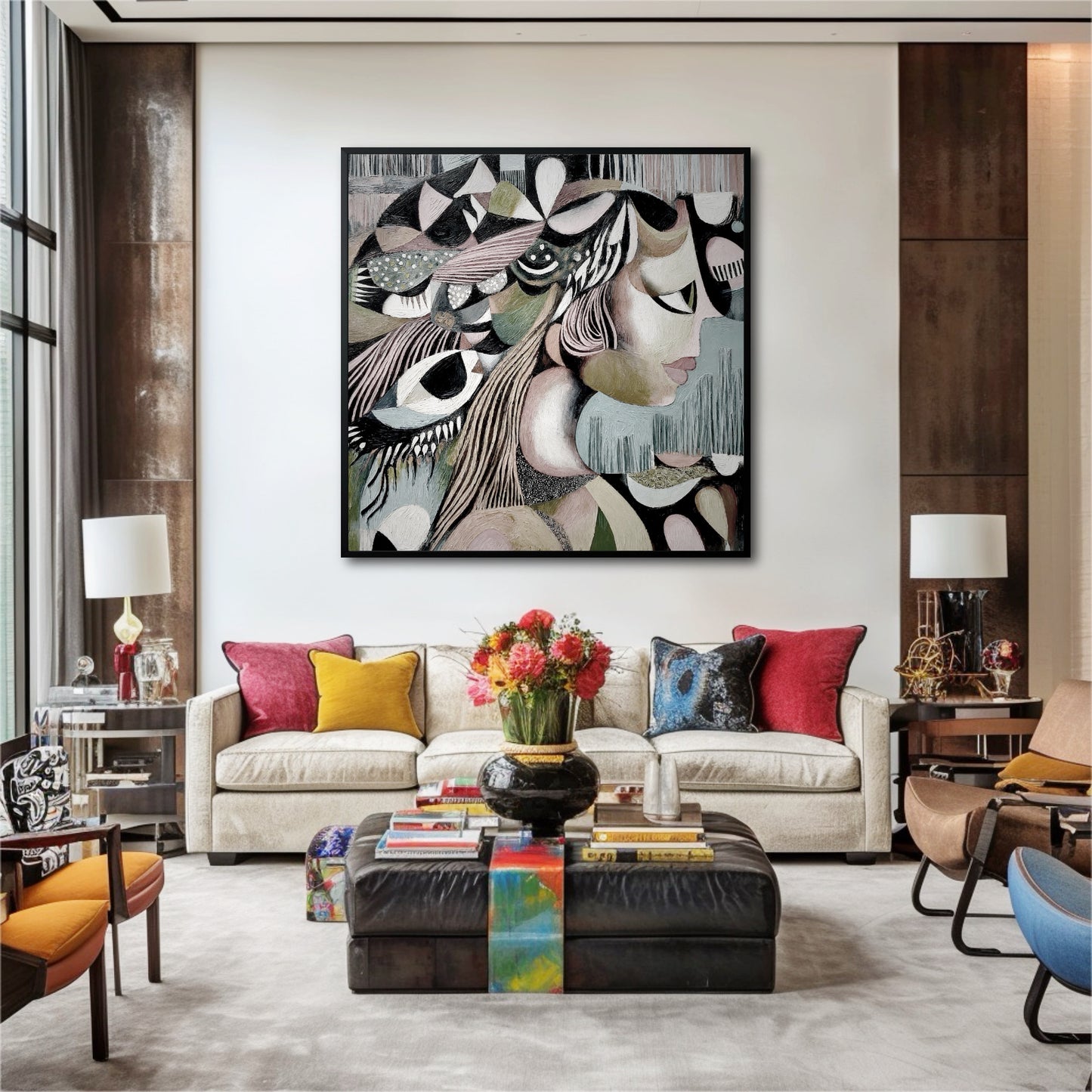 A large abstract portrait in a black frame is the centerpiece of an eclectic living room with colorful pillows on a white sofa.
