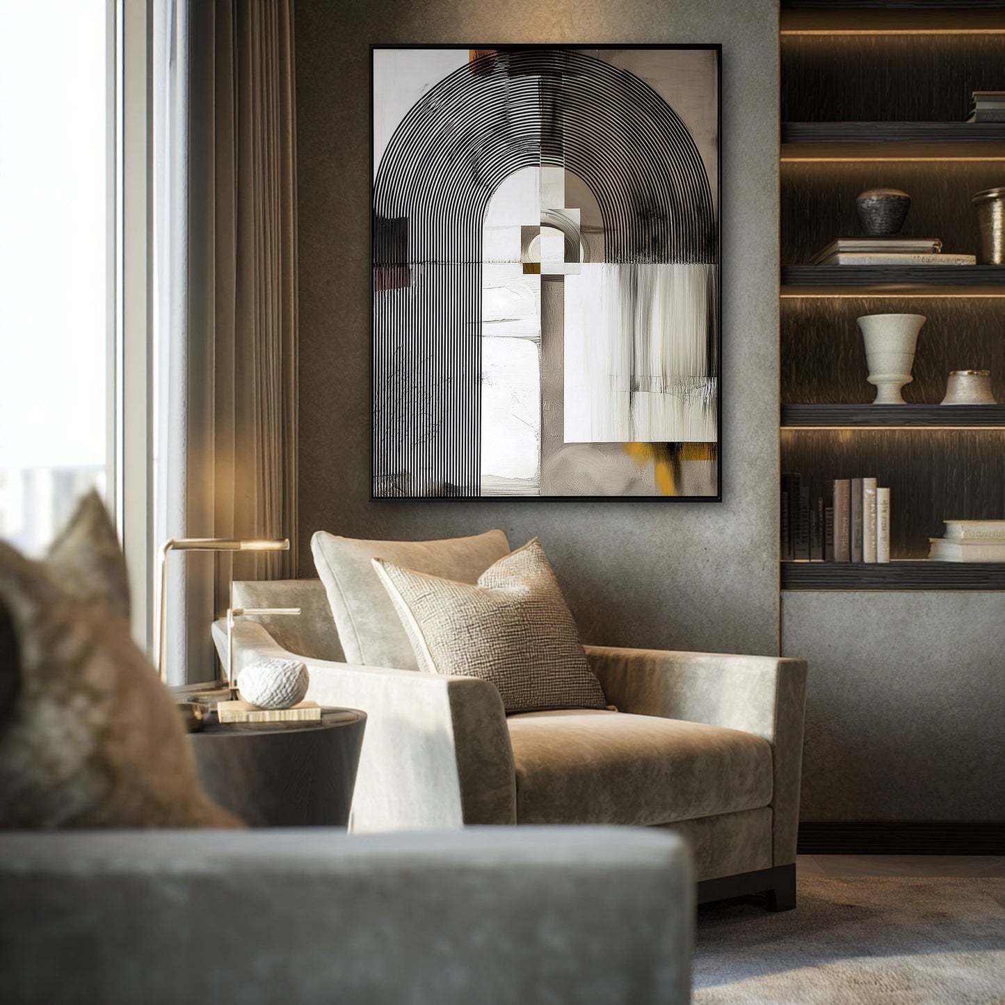 Original abstract geometric painting in a moody, luxurious sitting room with a beige armchair and built-in shelving.