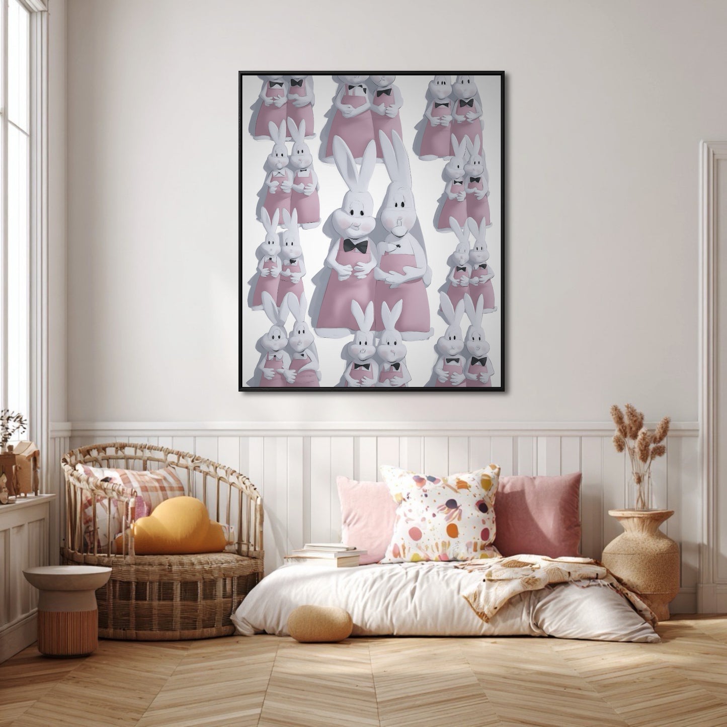 Pastel rabbit art elevates a cozy, light-filled bohemian reading nook with rattan furniture and blush pink and white accents.