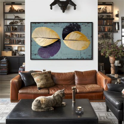 Abstract gold leaf art adds a modern color accent to an eclectic study, contrasting with the brown leather sofa and dark bookshelves.