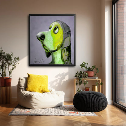 Quirky green dog painting creates a bold contrast in an eclectic bedroom with soft lavender walls and a purple velvet chair.