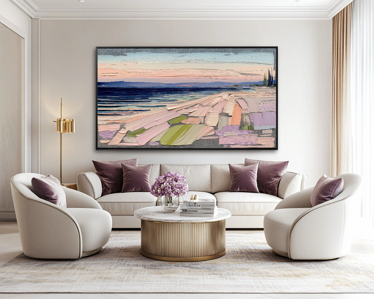 Textured abstract painting in a luxurious, formal living room with cream chairs, mauve pillows, and a gold-fluted coffee table.