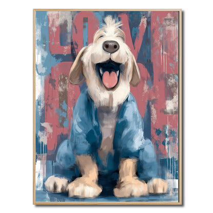 Original Happy Dog with LOVE graffiti: Blue jacket, laughing canine street art style. Cold-toned, expressive, joyful modern canvas.