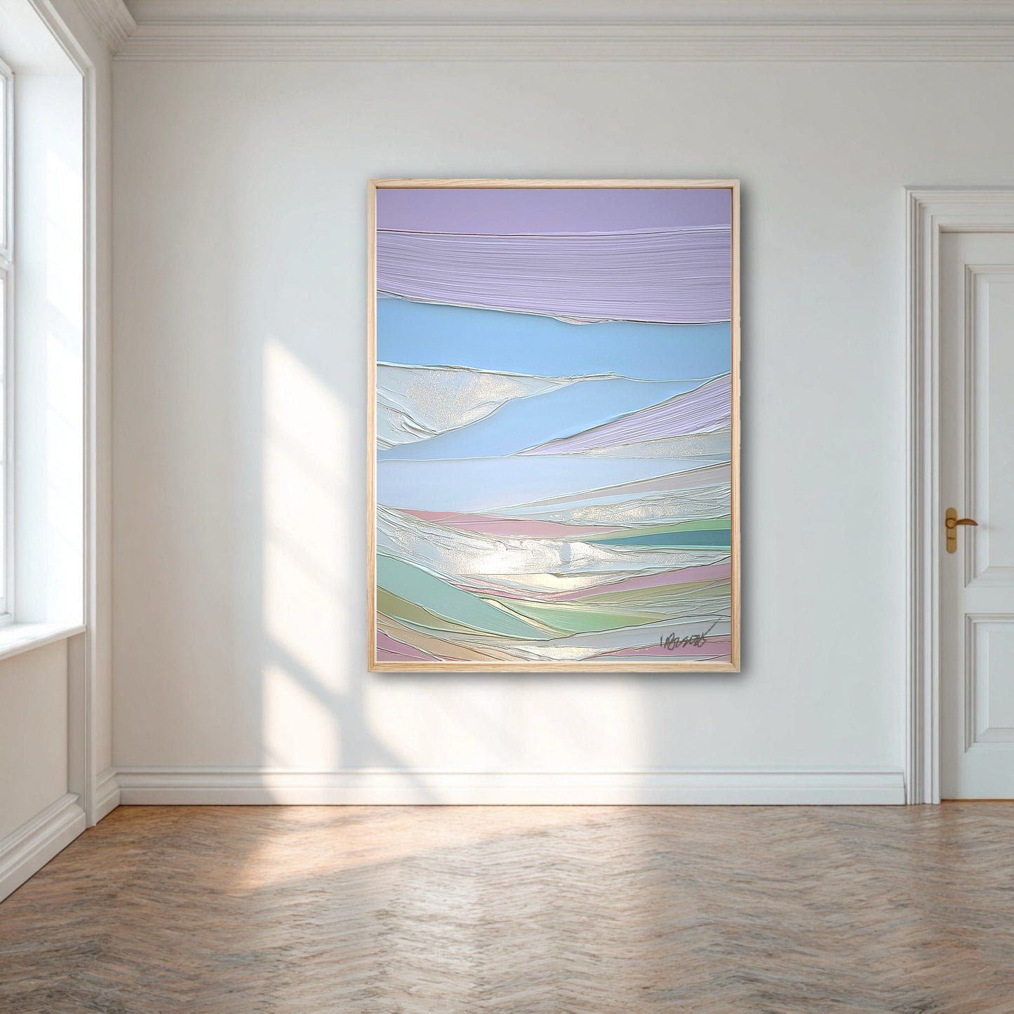 A large pastel textured painting is the sole focal point in a bright, minimalist room with white walls and a herringbone wood floor.