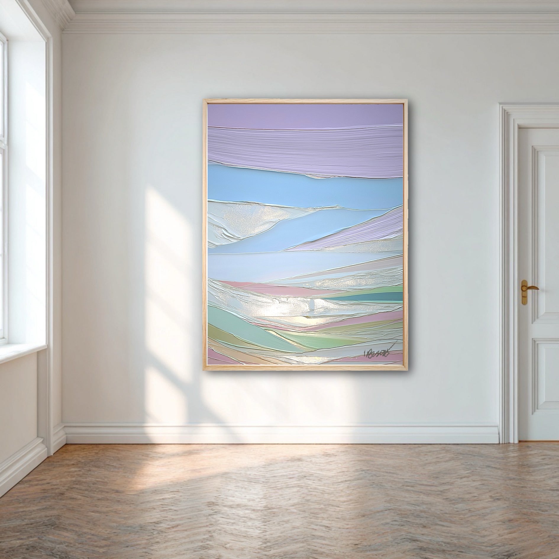 A large pastel textured painting is the sole focal point in a bright, minimalist room with white walls and a herringbone wood floor.