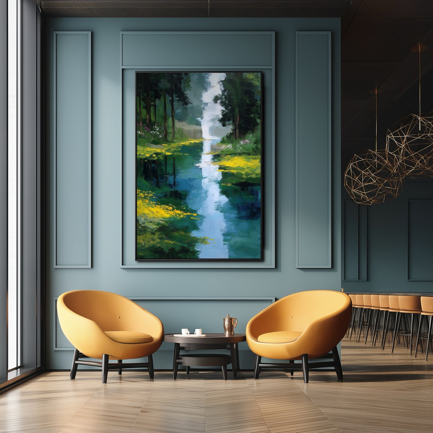 Original river landscape painting dramatically elevates a contemporary luxury lounge with deep teal walls and vibrant mustard-yellow mid-century seating.
