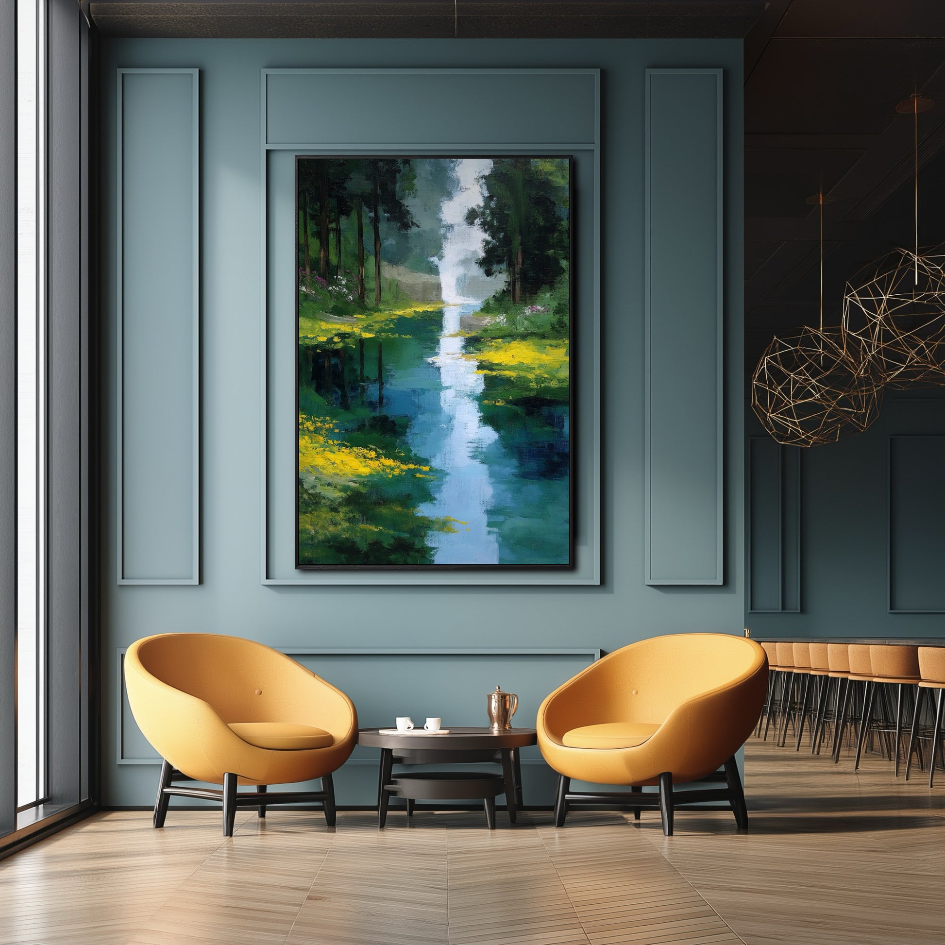 Original river landscape painting dramatically elevates a contemporary luxury lounge with deep teal walls and vibrant mustard-yellow mid-century seating.