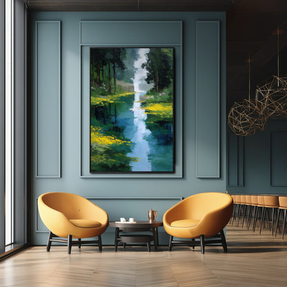 Original river landscape painting dramatically elevates a contemporary luxury lounge with deep teal walls and vibrant mustard-yellow mid-century seating.