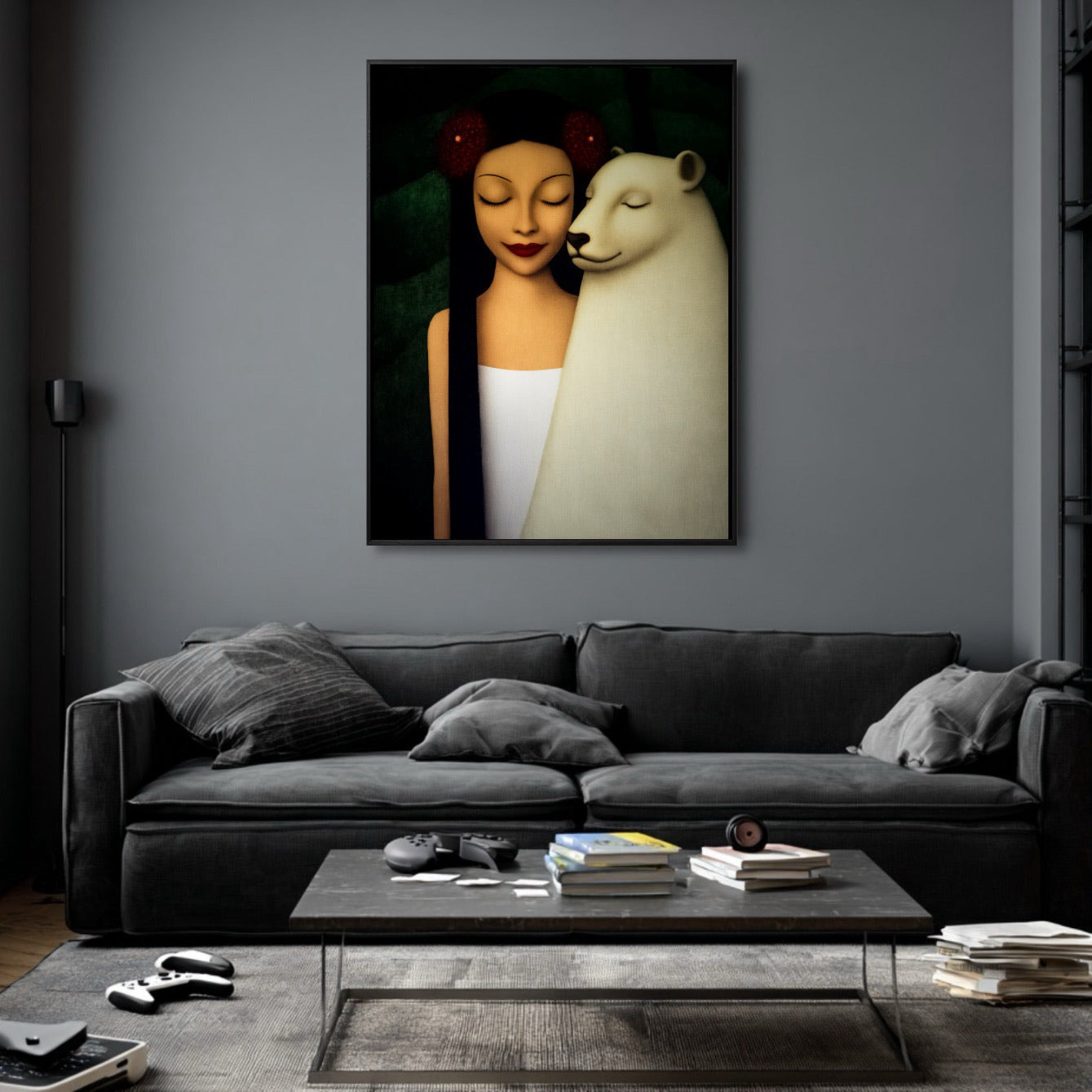 Original oil painting complements a dark, minimalist living room. Charcoal grey walls, deep-cushioned sofa, and a moody contemporary vibe.