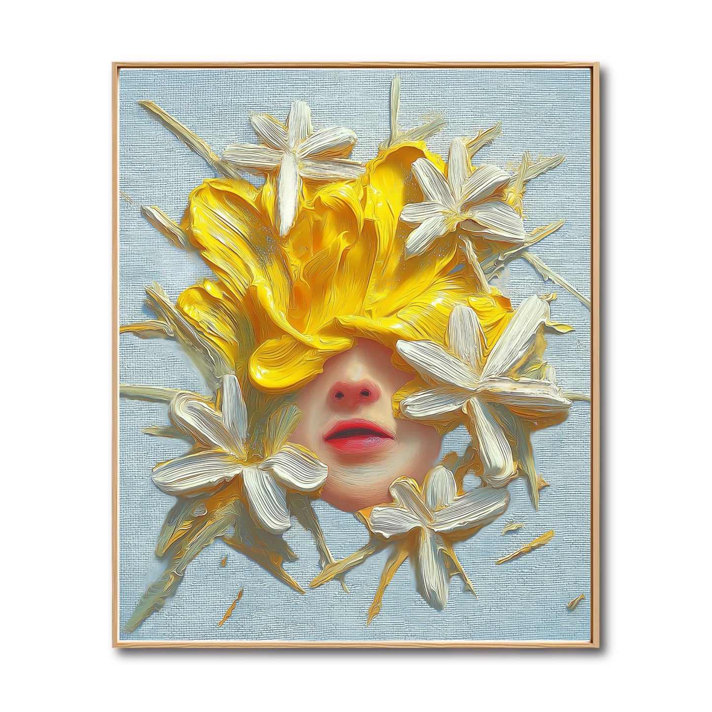 Original hand-painted portrait. Textured yellow flower and white blossom oil modern art on light blue background, vibrant and dynamic.