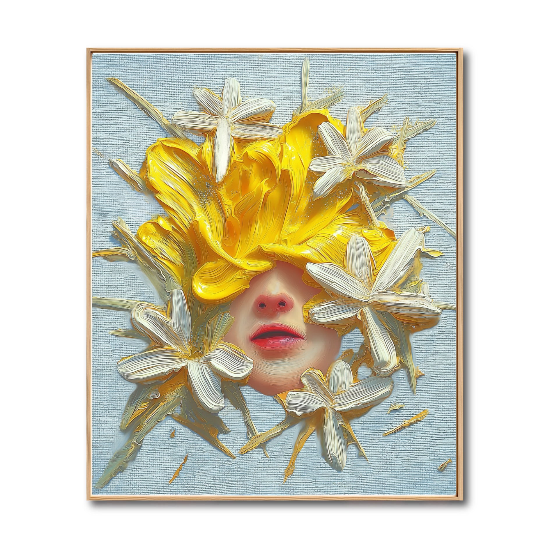 Original hand-painted portrait. Textured yellow flower and white blossom oil modern art on light blue background, vibrant and dynamic.