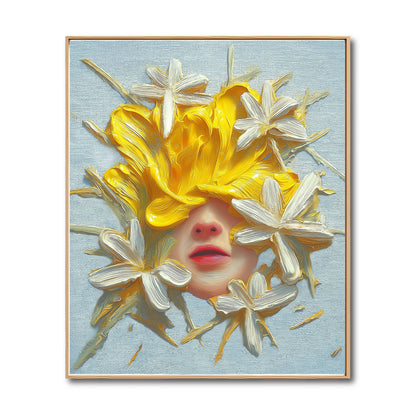 Original hand-painted portrait. Textured yellow flower and white blossom oil modern art on light blue background, vibrant and dynamic.