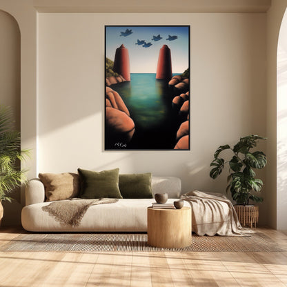 Contemplative bird and pillar art creates a serene, sun-drenched atmosphere in a warm minimalist arched living space.