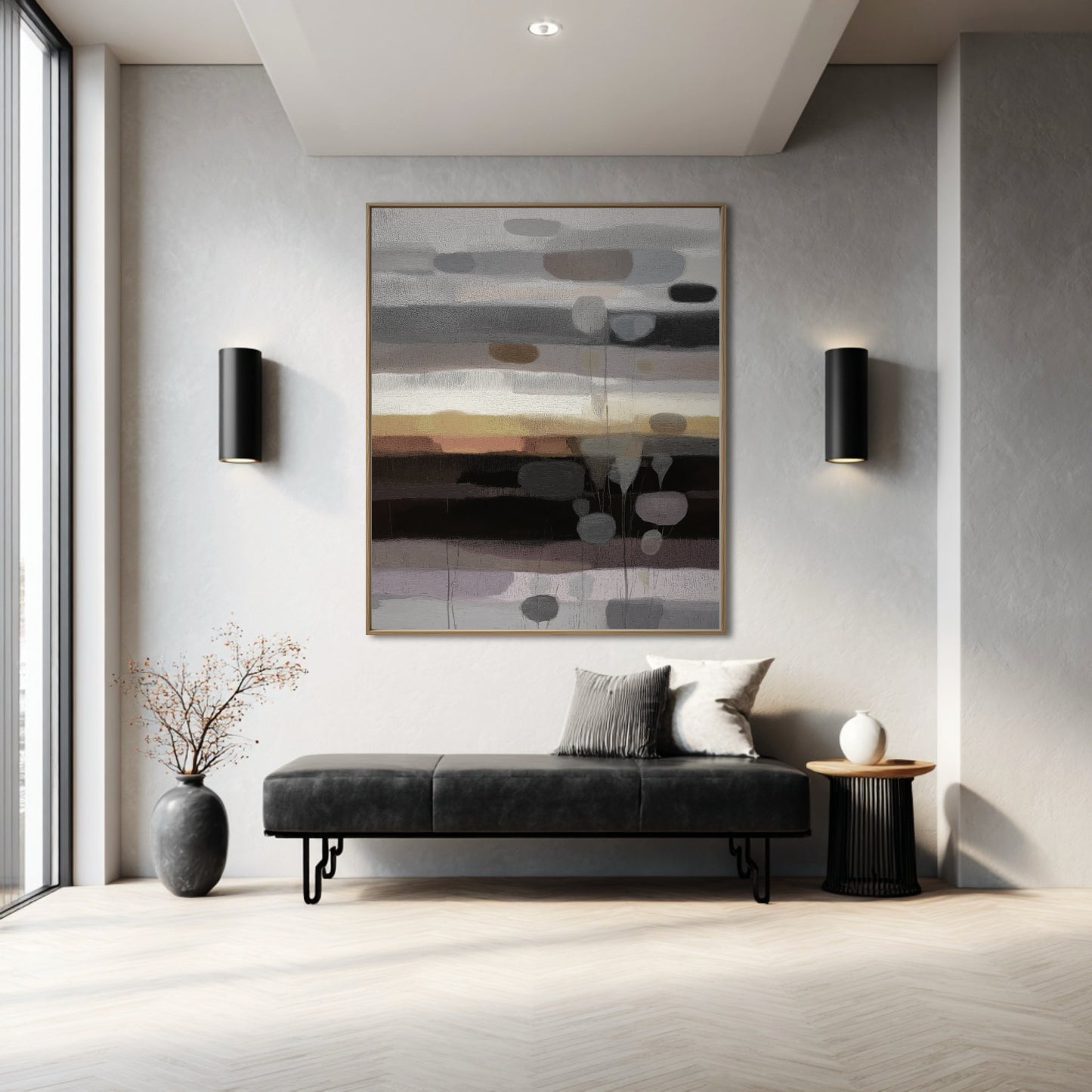 Minimalist abstract painting provides a rich, dark focal point over a modern black bench in a bright, high-ceilinged entryway.