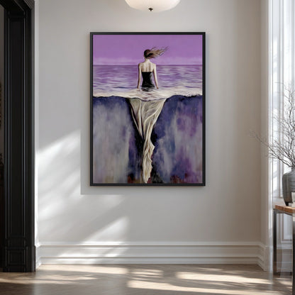 The vertical painting's vibrant purple tones add a dramatic pop of color to a bright, classic entryway with high wainscoting.