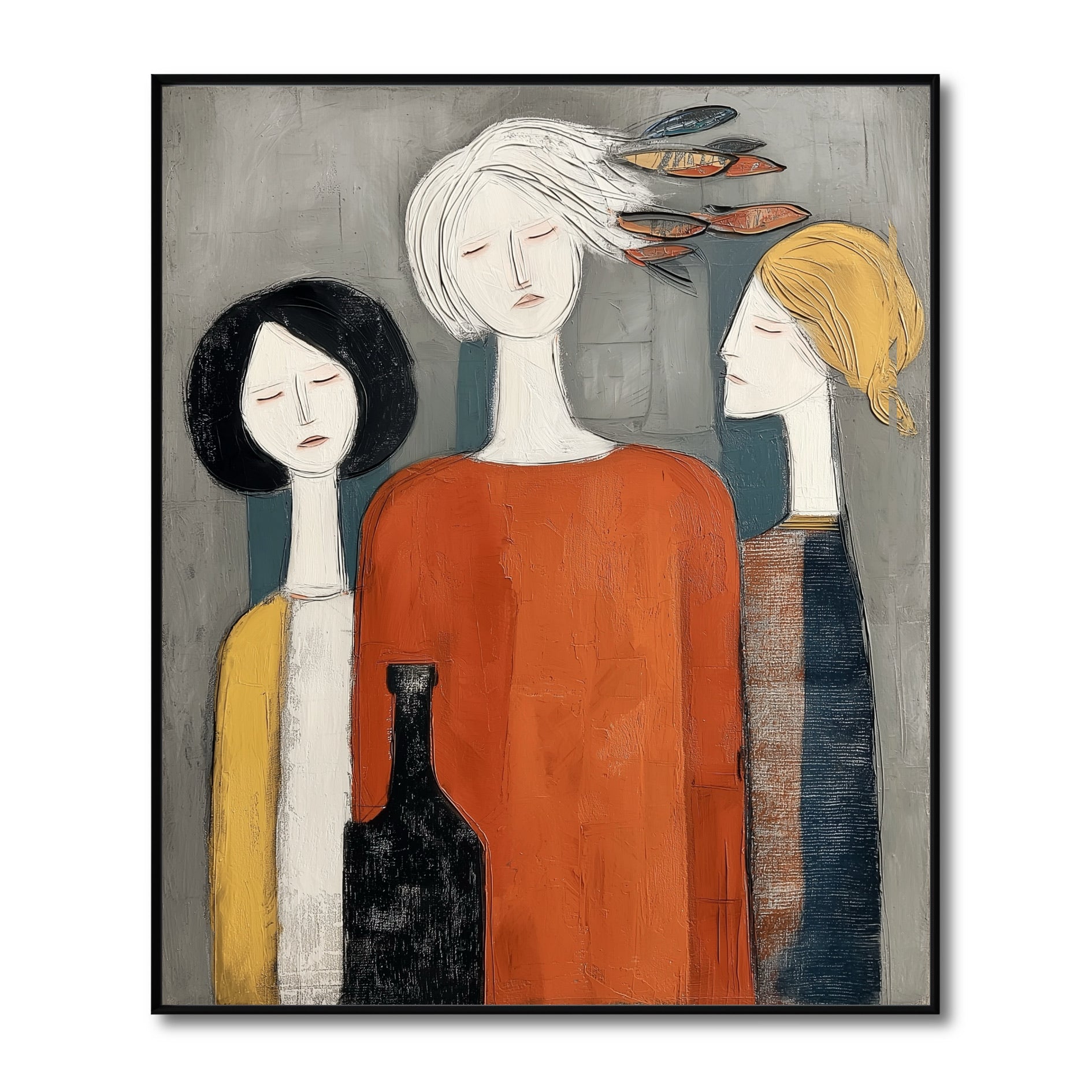 Figurative art of three people with a bottle. Modern textured painting in a neutral palette with warm pops of orange. Perfect for contemporary decor.