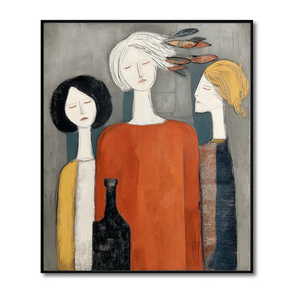 Figurative art of three people with a bottle. Modern textured painting in a neutral palette with warm pops of orange. Perfect for contemporary decor.