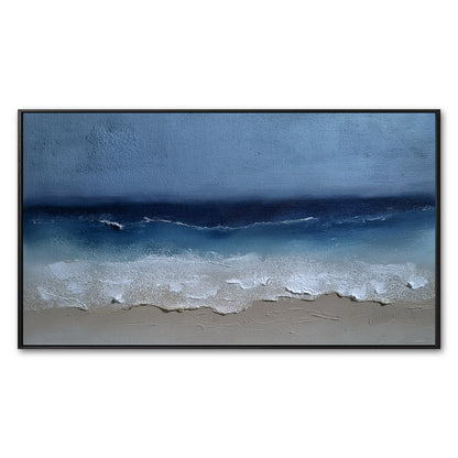 Original abstract beach painting. Heavy impasto white waves on a sand beach meet a deep blue ocean. Modern, balanced-tone coastal art.