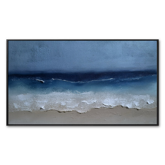 Original abstract beach painting. Heavy impasto white waves on a sand beach meet a deep blue ocean. Modern, balanced-tone coastal art.