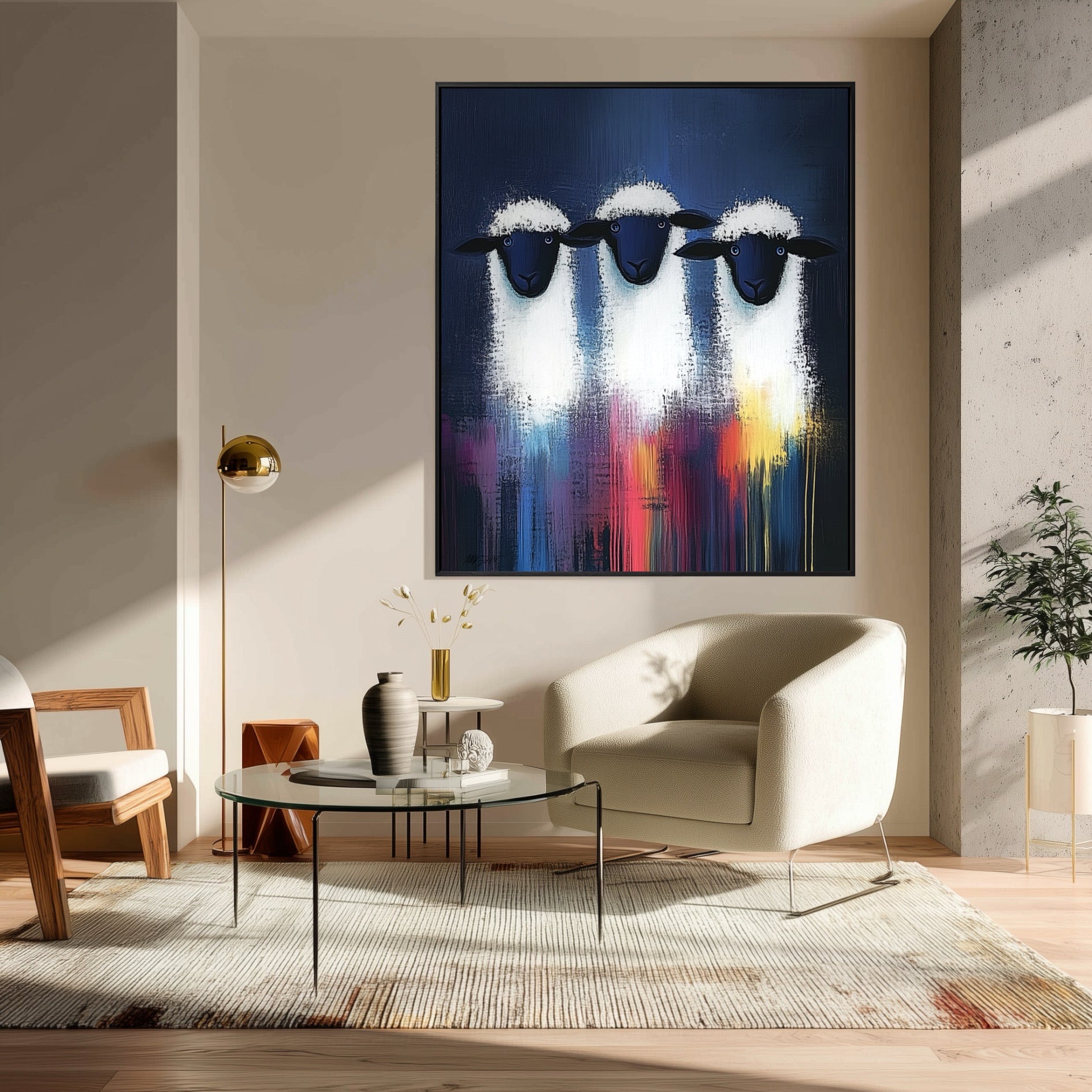 Abstract sheep art with a deep blue background hung in a minimalist sitting area with a cream armchair and modern gold floor lamp.