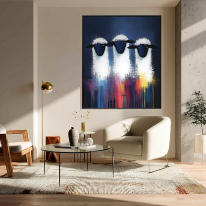 Abstract sheep art with a deep blue background hung in a minimalist sitting area with a cream armchair and modern gold floor lamp.